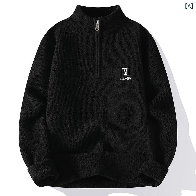 セーター メンズ ニット トップス 秋冬 ハーフジップ ハイネック 起毛 厚手 暖かい ブラック カーキ ホワイト