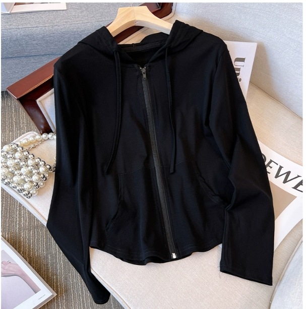 トップス パーカー 上着 袖あり 長袖 ドロップショルダー Uネック 襟なし ストレート スマート フード付き ファスナー ポケット 前開き 伸縮性 かわいい 可愛い シンプル カジュアル