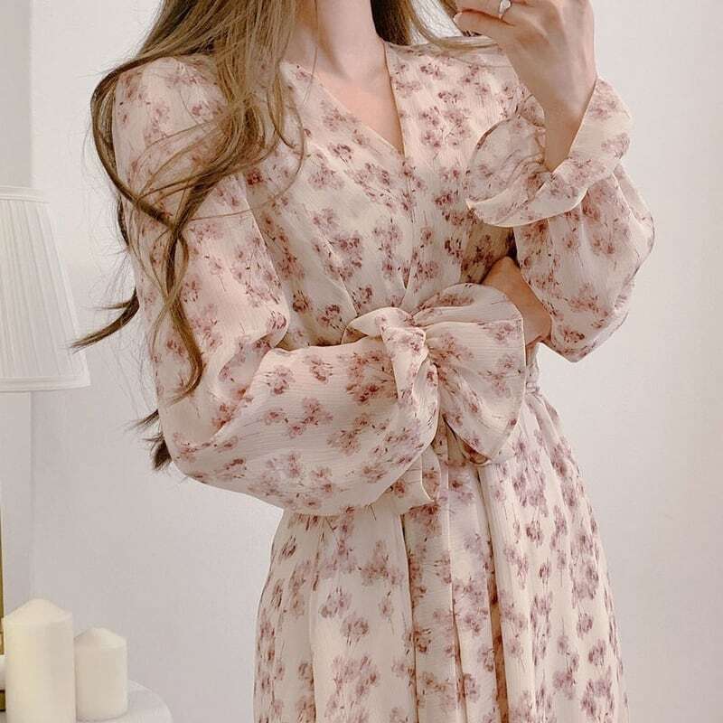 【送料無料】レディース フローラル シフォン ワンピース カシュクール ウエストリボン 花柄 フラワー Vネック キャンディースリーブ お呼ばれ パーティー 大人可愛い ママコーデ