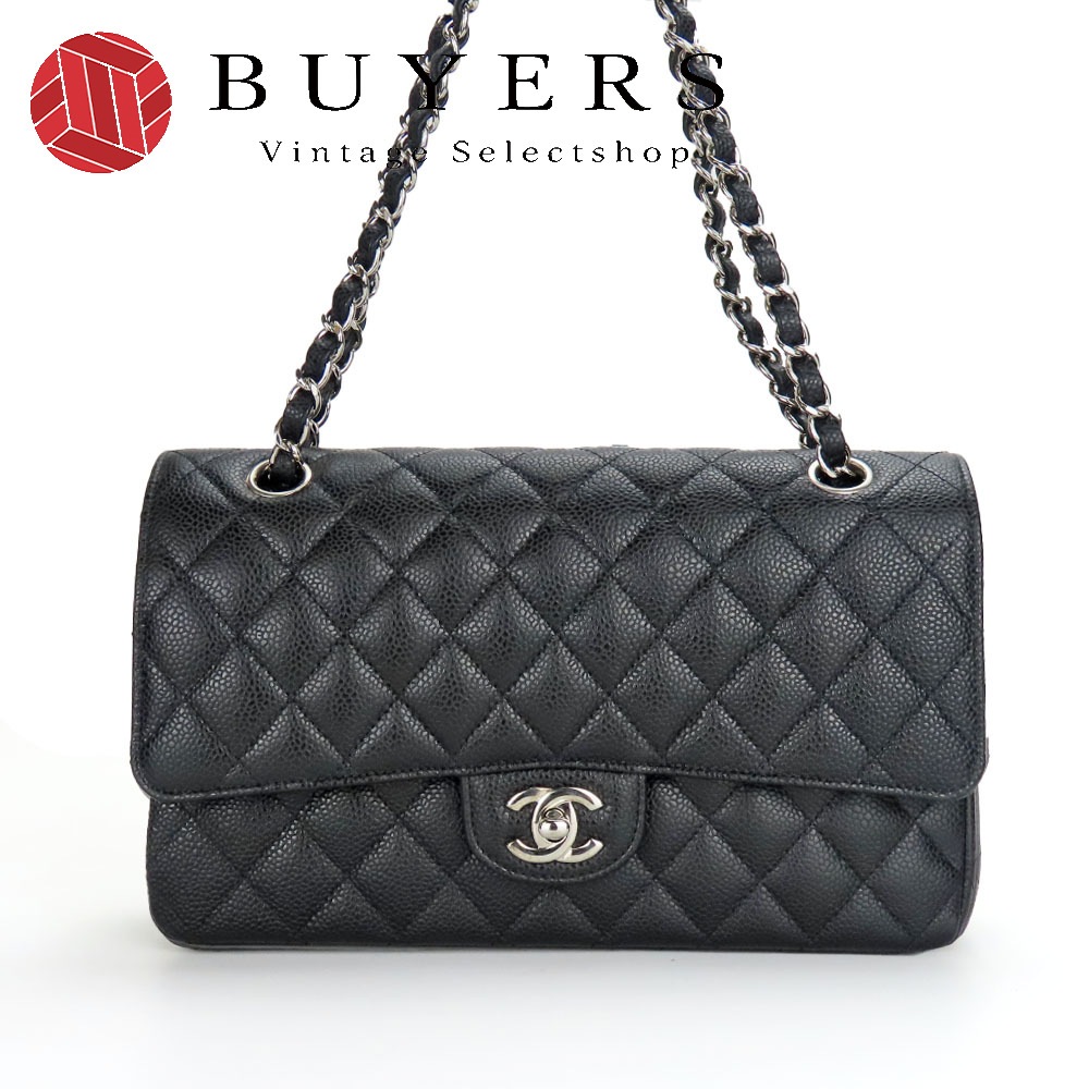 中古 ショルダーバッグ マトラッセ25 A01112 Wフラップ キャビアスキン ブラック シルバー金具 21番台 ダブルチェーン レディース 女性