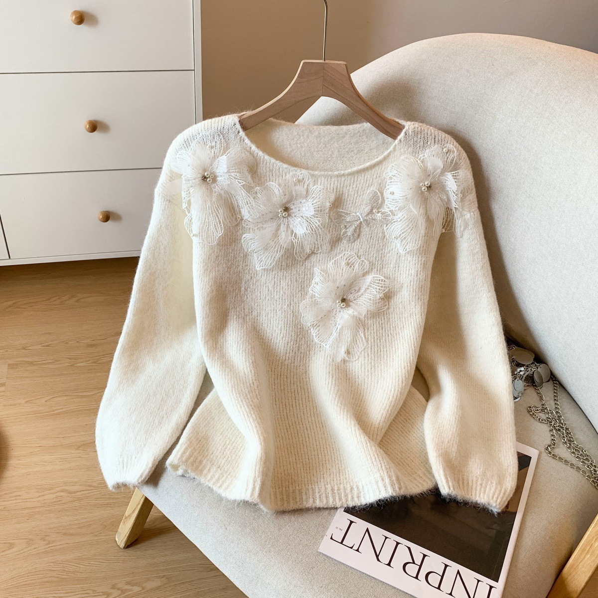 10個セット レースの花ニットセーター女秋冬のけだるい風ゆったり減齢トップス