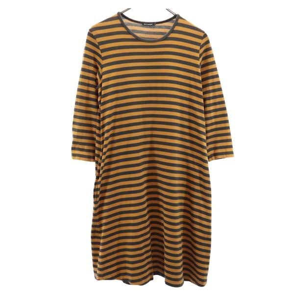 ボーダー柄 7分袖 Tシャツ ワンピース S キャメル×グレー レディース
