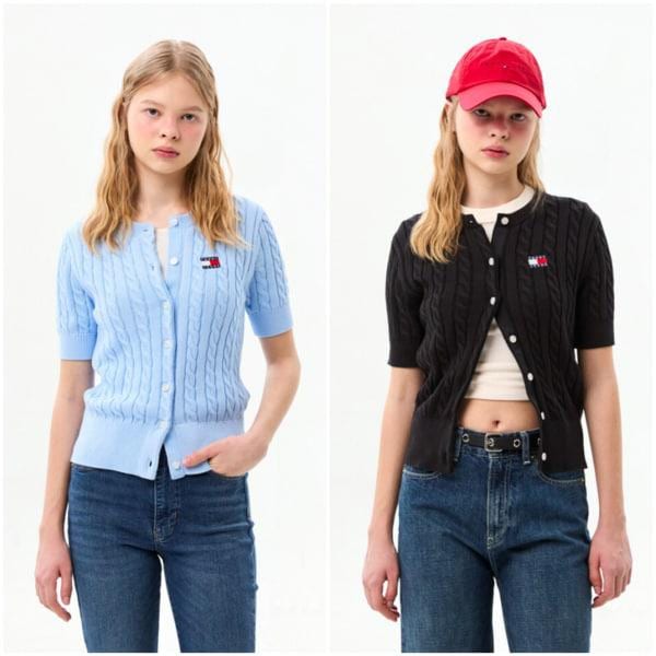 女性レギュラーフィットケーブル半袖カーディガン T32G1KCD05TWT2 TOMMY JEANS