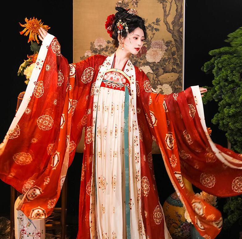 華やか 漢服 ドレス 唐時代 皇后 貴妃 姫殿下 コスチューム 時代劇 コスプレ衣装 金色プリント 中華衣装 レディース 大人用 華流舞台衣裳 ステージ衣裳 ハロウィン衣装 チャイナ服 中国古代服装