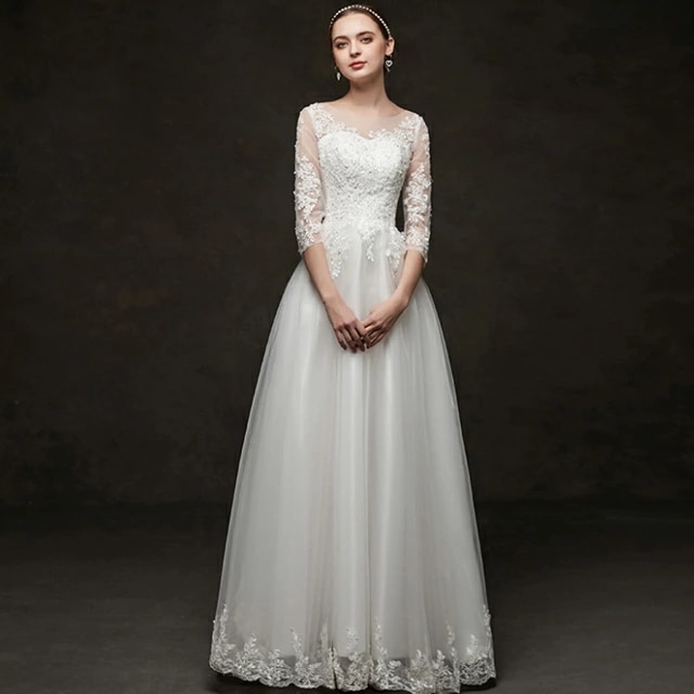 ウエディングドレス 袖あり 7分袖 ブライダルドレス Aライン ロング丈 花嫁ドレス シンプル ロングドレス 結婚式 ウエディングドレス レース チュール 二次会ドレス 海外挙式 披露宴 ドレス 白