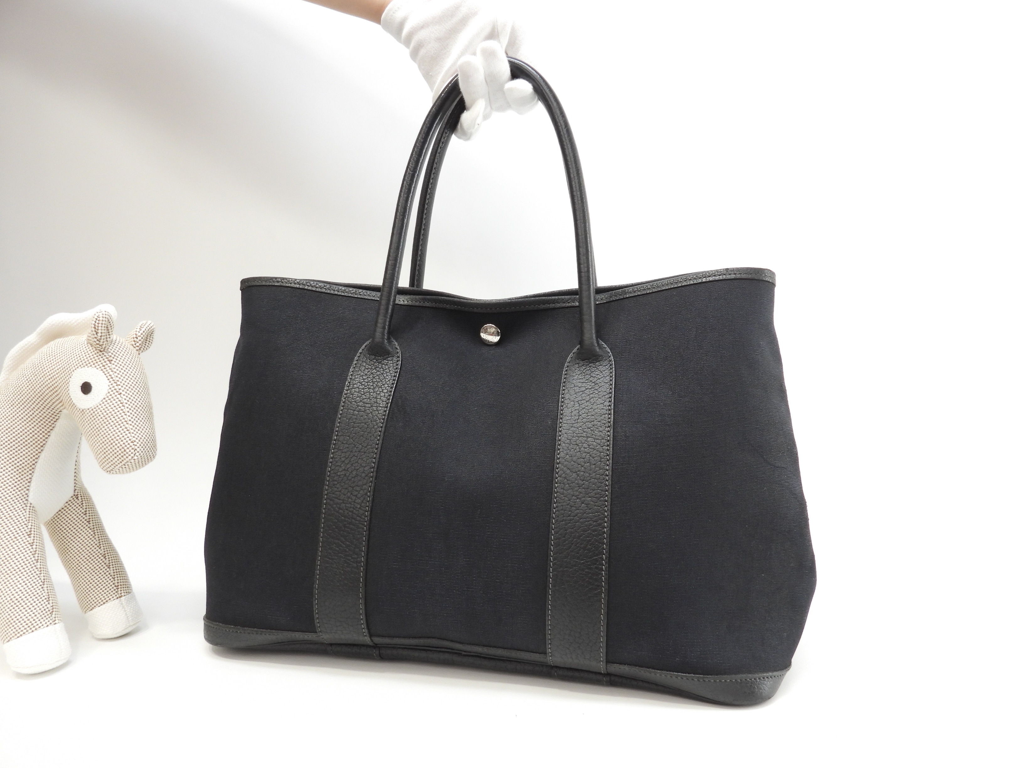 ガーデンパーティPM コットン/レザー 黒 トートバッグ ハンドバッグ@I 8