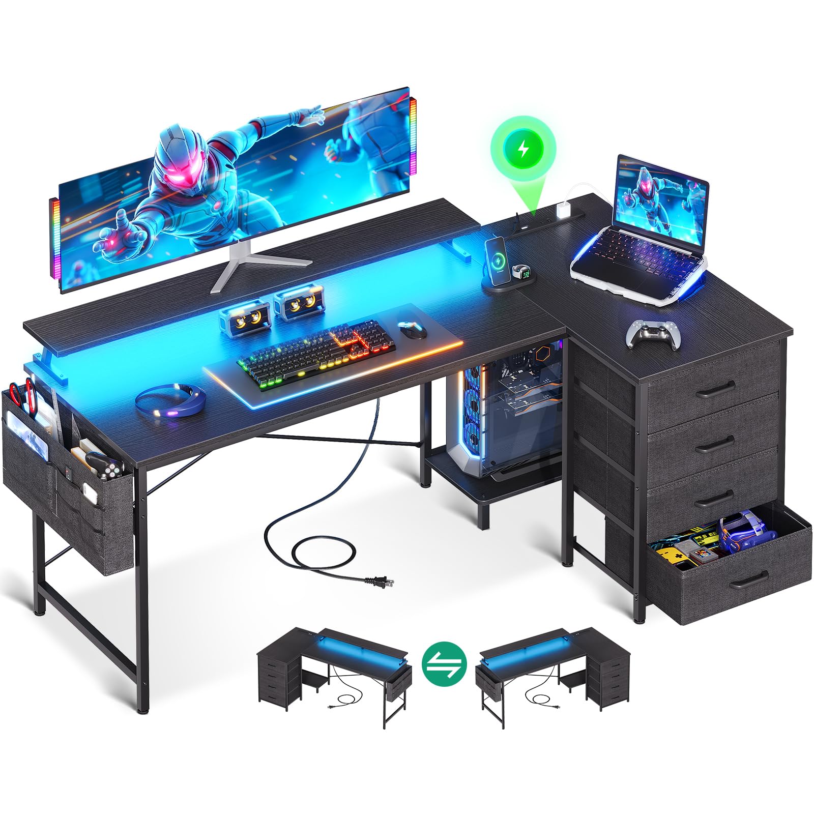 ゲーミングデスク パソコンデスク l字デスク 引き出し&コンセント付き 幅160×奥行80cm 机 pcデスク ゲームデスク LED付き gaming desk l shaped 63705