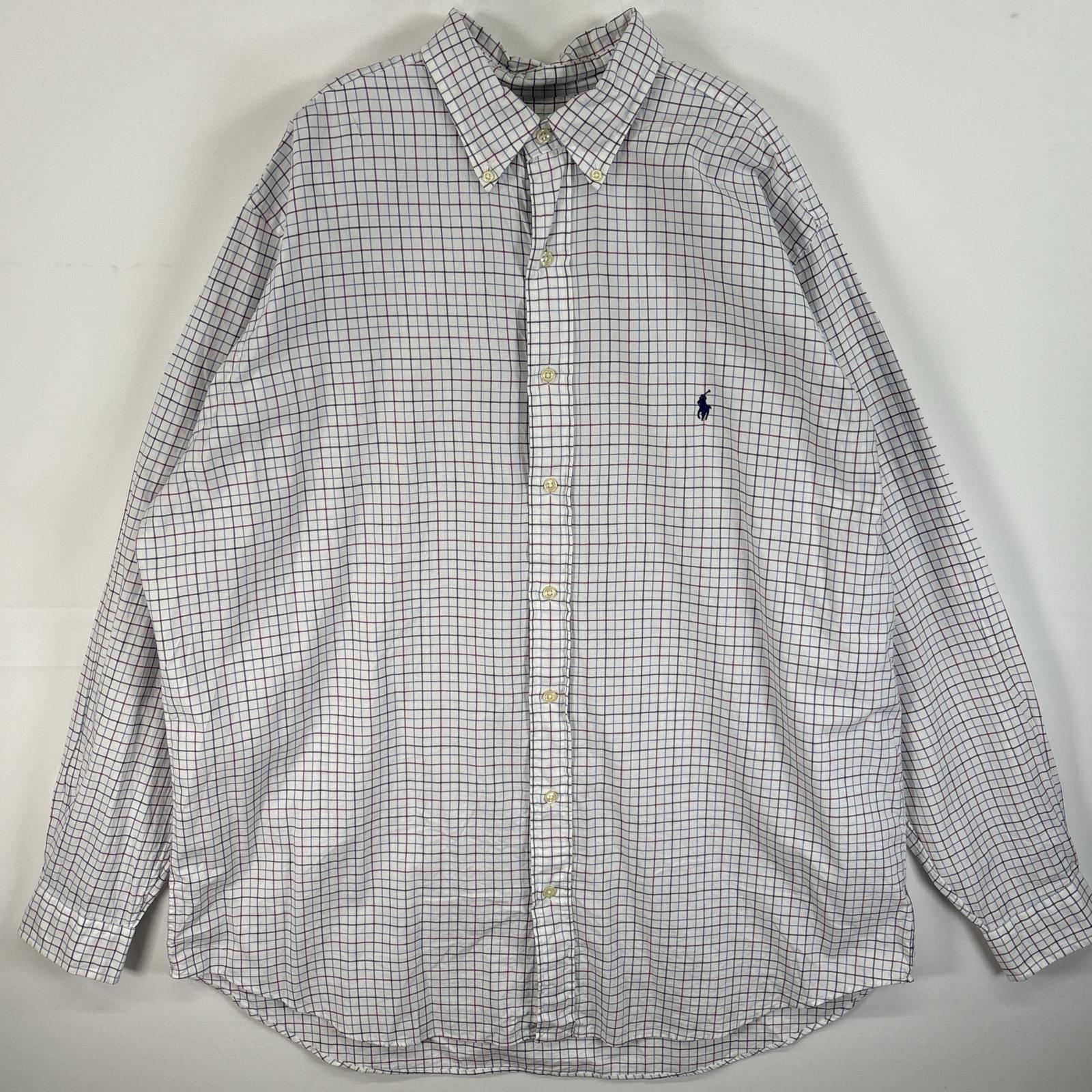 古着 長袖シャツ チェック 大きいサイズ 薄手 ロゴ 刺繍 ボタンダウンシャツ XLT ホワイト系 マルチカラー メンズ