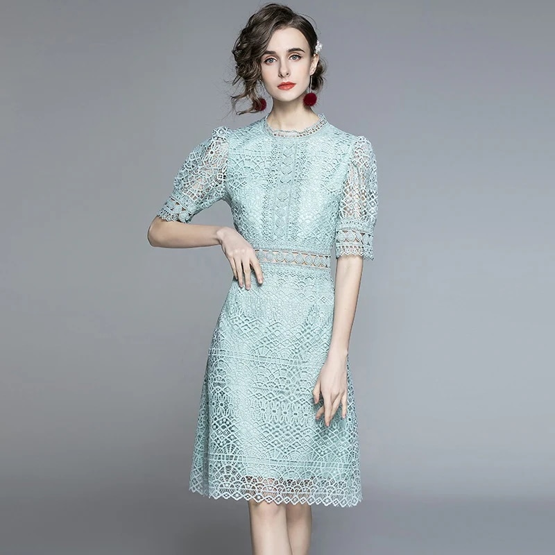 クロシェレースワンピース ワンピース ワンピドレス 膝丈 ひざ丈 ミディアム丈 袖あり 半袖 ハイネック フレア レース クロシェ 透け感 ポリエステル かわいい 大人可愛い きれいめ シンプル 大人