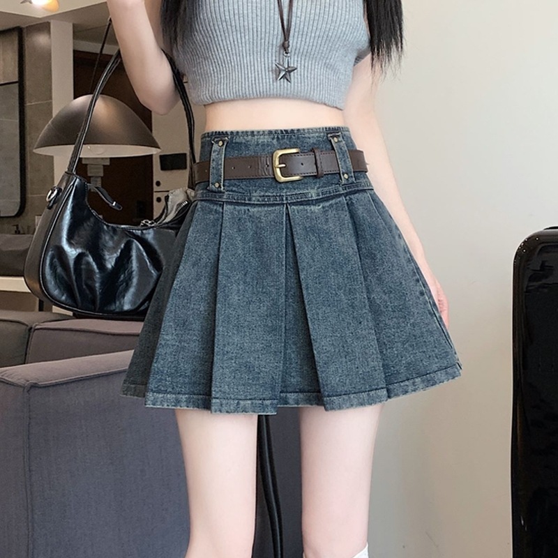 スカート ミニスカート プリーツスカート デニムスカート ショート丈 Aライン ベルト ハイウエスト デニム 薄手 シンプル おしゃれ 大人可愛い 存在感 無地 春 夏 秋 レディース デート