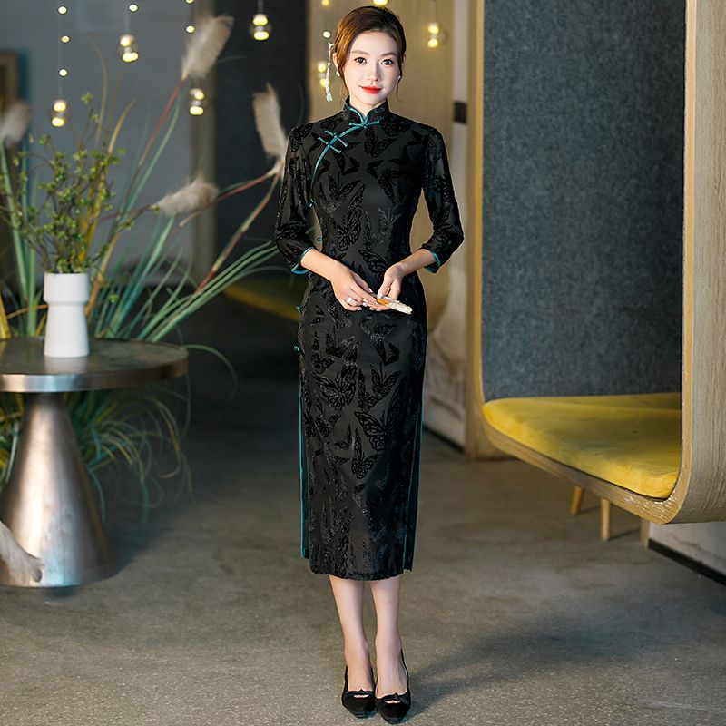 改良版チャイナドレスミドル丈小日常レトロ漢服スタイル若い黒春ドレス