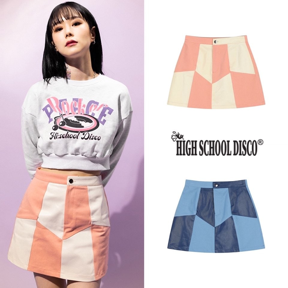 ハイスクールディスコ 22SS 公式 コーティングカラーブロックスカート 韓国正規品