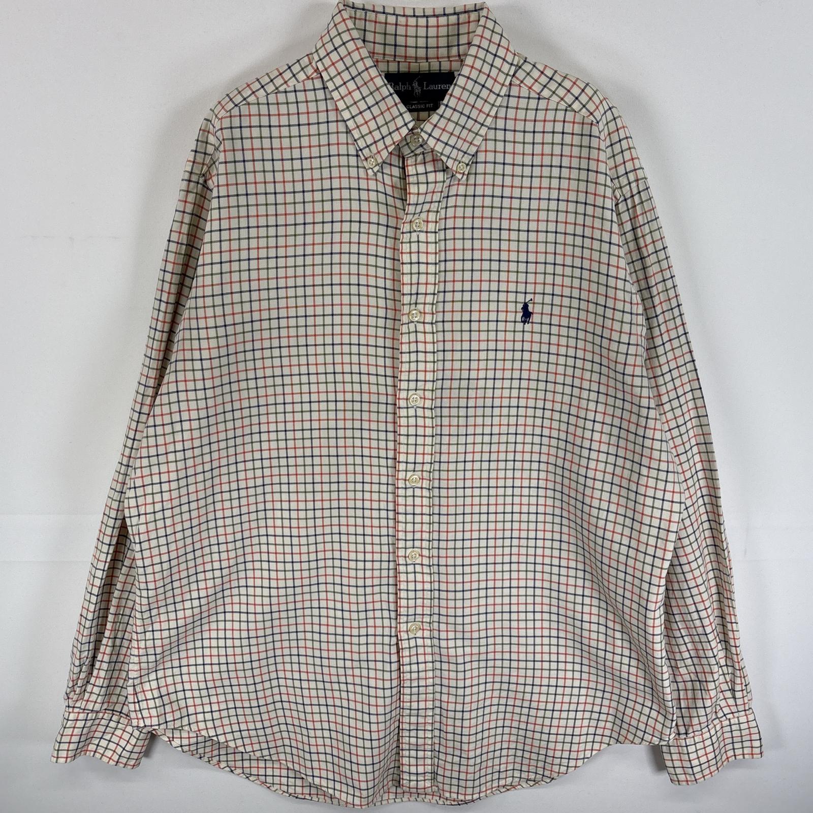 古着 90s/90年代 長袖シャツ ワンポイント ロゴ 刺繍 チェック L ホワイト系 マルチカラー メンズ