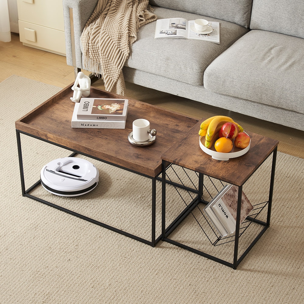 【国内出荷-送.料.無.料】【新作登場】センターテーブル2点セットローテーブルサイドテーブル木目調北欧風耐久性抜群【ブラウン】収納付きリビングテーブルモダンコンパクト組み立て簡単～148