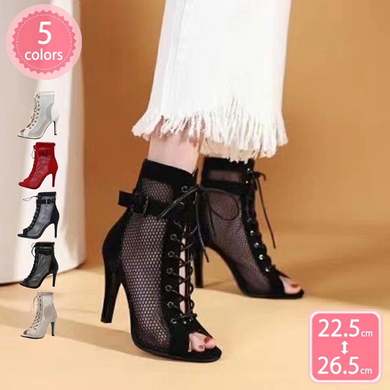 1000円OFFクーポン ブーツサンダル22.5cm~26.5cm 黒 メッシュ ピンヒール レディース 脚長 サマーブーツ レースアップ オープントゥ シューズ サンダル グラディエーター 靴 レデ