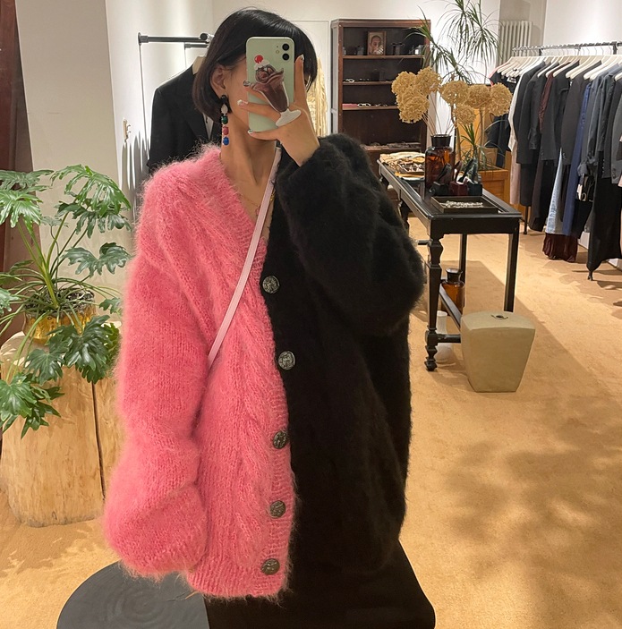 バイカラーニットカーディガン プルオーバー ニットカーディガン オーバーサイズ ニット セーター カーディガン ジャケット アウター 秋冬 レディース モヘアステッチ 韓国 オルチャン D144