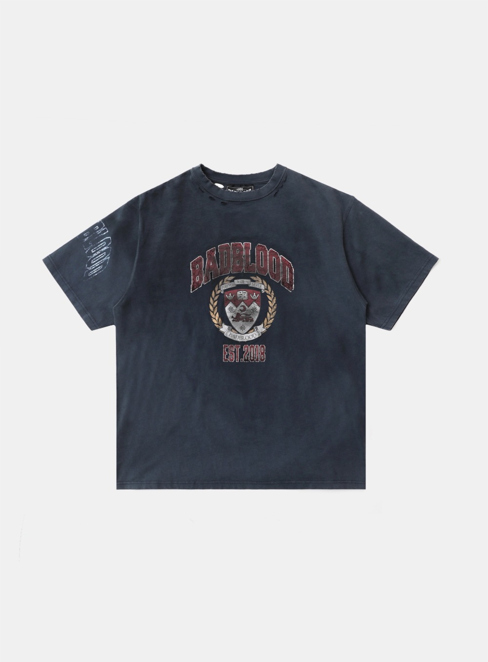 【BADBLOOD】 WALKSHOP PRINT DISTRESSED T-SHIRT : NAVY