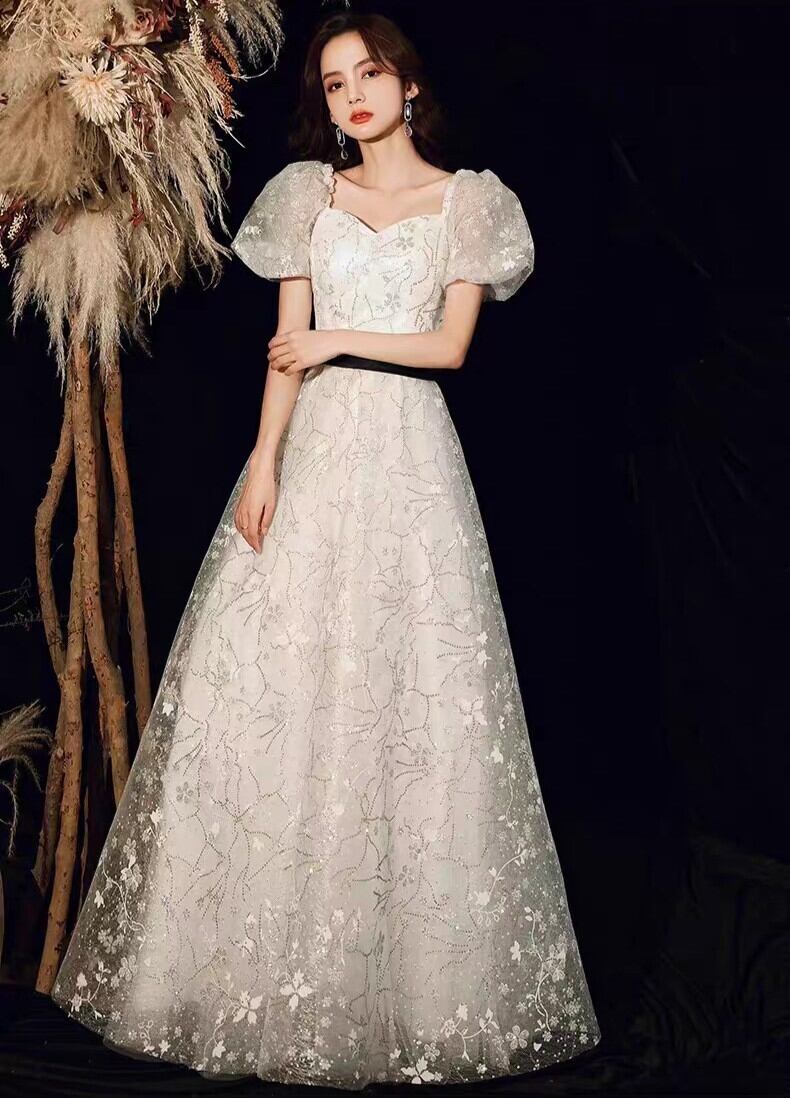 ドレス ウェディングドレス パーティードレス イブニングドレス マキシ アンクル丈 半袖 ボリューム バルーンスリーブ Vネック スレンダー フレア Aライン イブニング ウエストマーク ウエストリボ