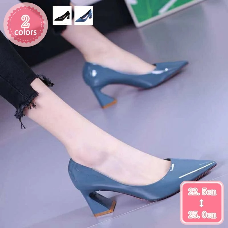 500円OFFクーポン 安定感 チャンキーヒール ポインテッドトゥ パンプス 痛くない 黒 大きいサイズ 太ヒール ミドルヒール レディース ポインテッド 靴 フォーマル 歩きやすい エナメル フェミ