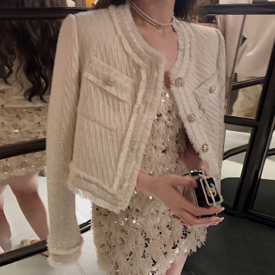 versatileラウンドネック短いコートタッセルツイード上着 【初秋新入荷】気質セレブ小香風コート女性2024春秋新モデル