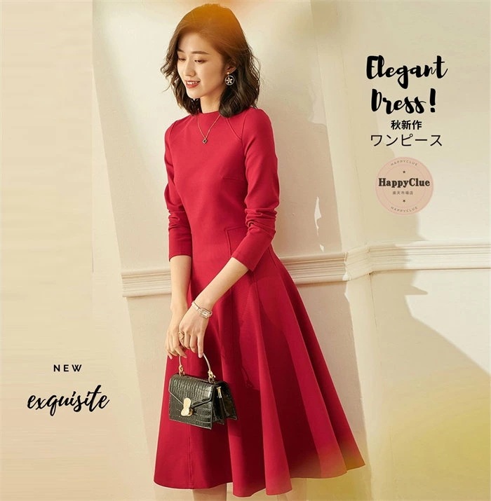 ワンピース きれいめ 二次会ワンピース 春 秋 レディース 30代 40代 ドレス 赤 パーティードレス Aライン 長袖 膝下 ミモレ丈 フォーマル 優雅 OLオフィス 通勤 結婚式 二次会 謝恩会