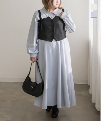 大きいサイズ レディース LL 3L 4L XL XXL XXXL CLETTEオリジナルリボンビスチェセットシャツワンピース