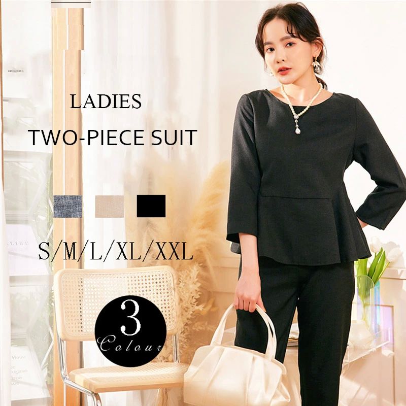 大特価セレ グレーにベージュ ブラック クロップド丈 パンツ 七分袖 ノーカラー トップス レディースペプラム セパレート パンツスーツ