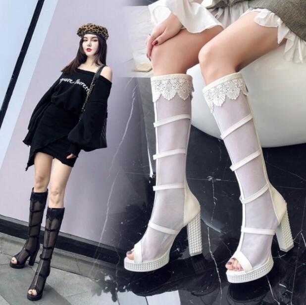 サマーブーツ　ブーツサンダル 厚底サンダル　ロングブーツ　ローヒールサンダル　太ヒール　夏　シースルー　10.5センチヒール　透かし　レディース靴　サマーブーツ