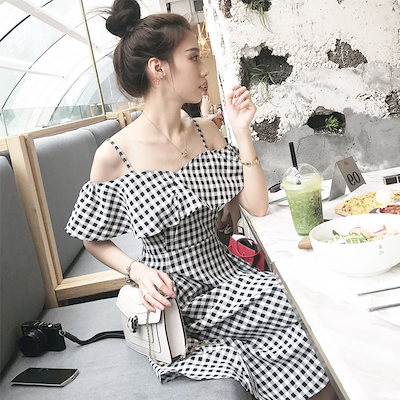 Qoo10] 1677.ギンガムチェックオフショルダー