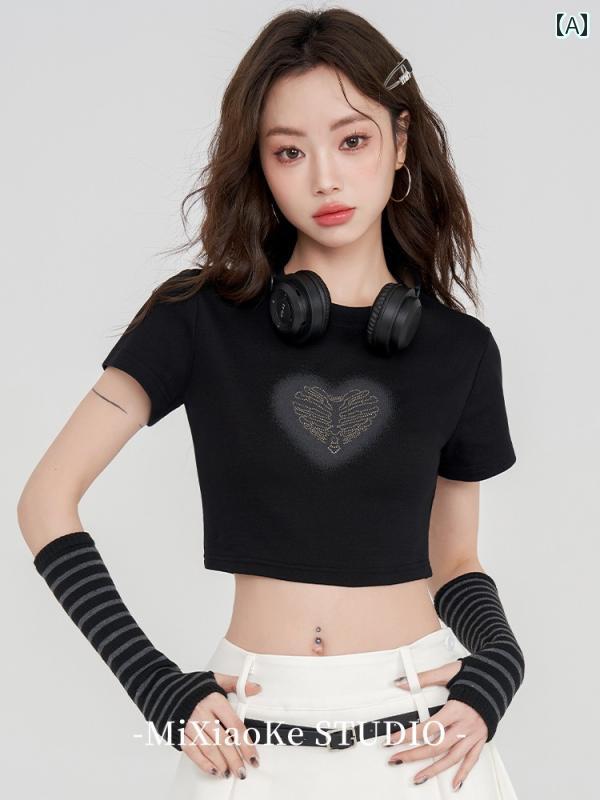レディース クール 黒 半袖 Tシャツ 夏 女の子 スリム ショート トップス 韓国 ファッション トレンド シンプル 短丈 へそ出し ハート アームカバー セット ストリート