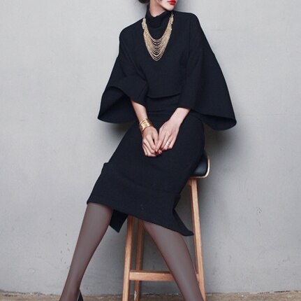 3色 ワンピース 半袖 春 きれいめ フォーマル ワンピドレス ミモレ ミモレ丈 ボリューム袖 フレアスリーブ ハイネック スリム タイト スマート スリット バックスリット 黒 ブラック 赤 レッド