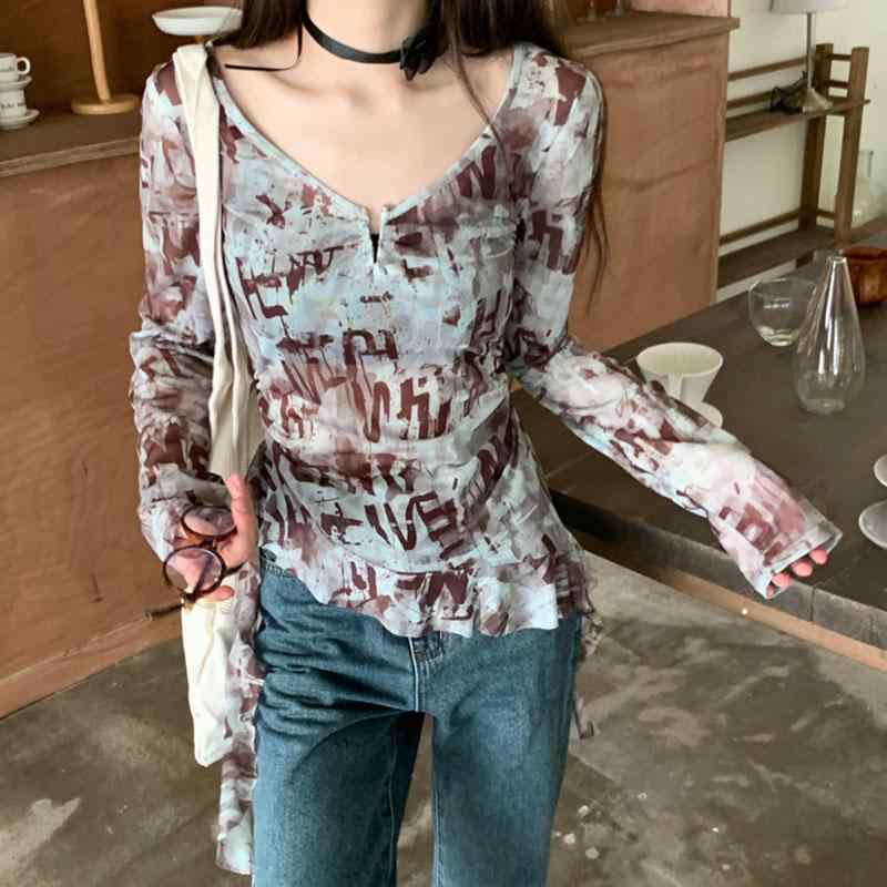 トップス レディース 長袖 タイト Tシャツ 夏 vネック フリル おしゃれ カジュアル 韓国 ファッション ロゴ ブルー ブラウン