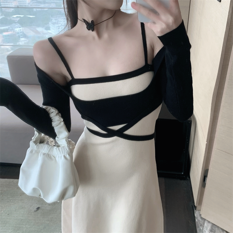 韓国スタイル バター リボンクロップ 配色 ノースリブロングスカート ツーピースセット (ノースリブロングスカート+長袖クロップトップ)