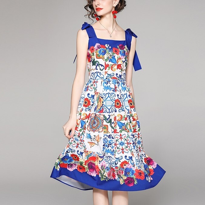 ワンピース ワンピ ワンピースドレス レディースファッション ブルー リボン シャーリング 花柄