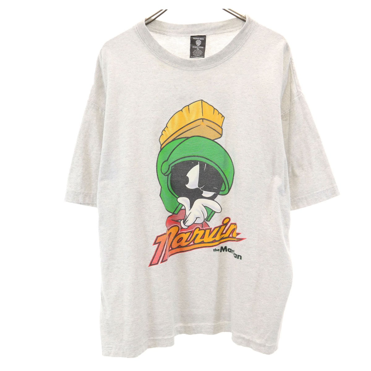 Warner Bros ワーナーブラザーズ 90s オールド USA製 ボーダー柄 ルーニーテューンズ 半袖 シングルステッチ Tシャツ XL グレー マービンザマーシャン メンズ 古着