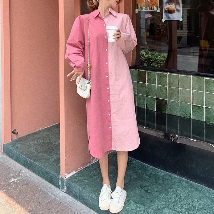 ワンピース レディース シャツワンピース M L XL 2XL 3XL 4XL 韓国 ミモレ丈 マタニティー 長袖 ポリエステル 襟付き Iライン かわいい 大人可愛い シンプル カジュアル おしゃれ