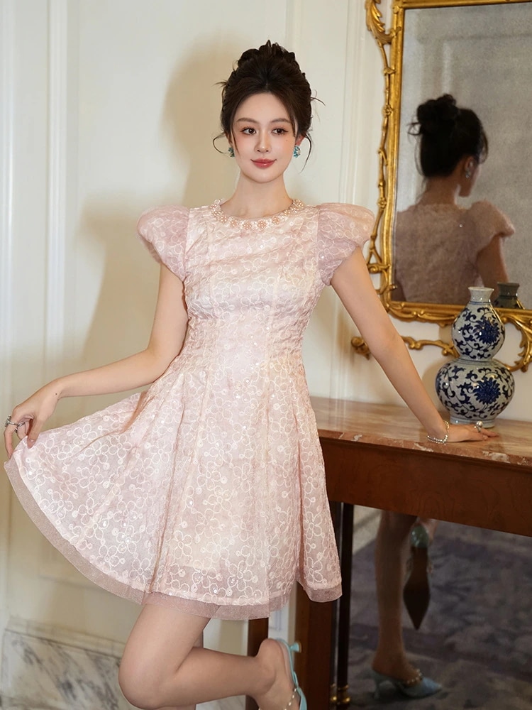 夏 ピンクワンピース可愛いウエスト引き締め パーティー気質着痩せドレス半袖 ワンピースフォーマルキャバ 大人 同窓会 披露宴 卒業式 結婚式 演奏会 ウェディング