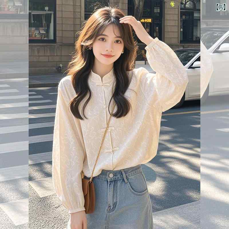 スタンドカラー ブラウス おしゃれ チャイナ風 レディース 春秋 トップス シャツ 長袖 前開き ボタン レトロ カジュアル
