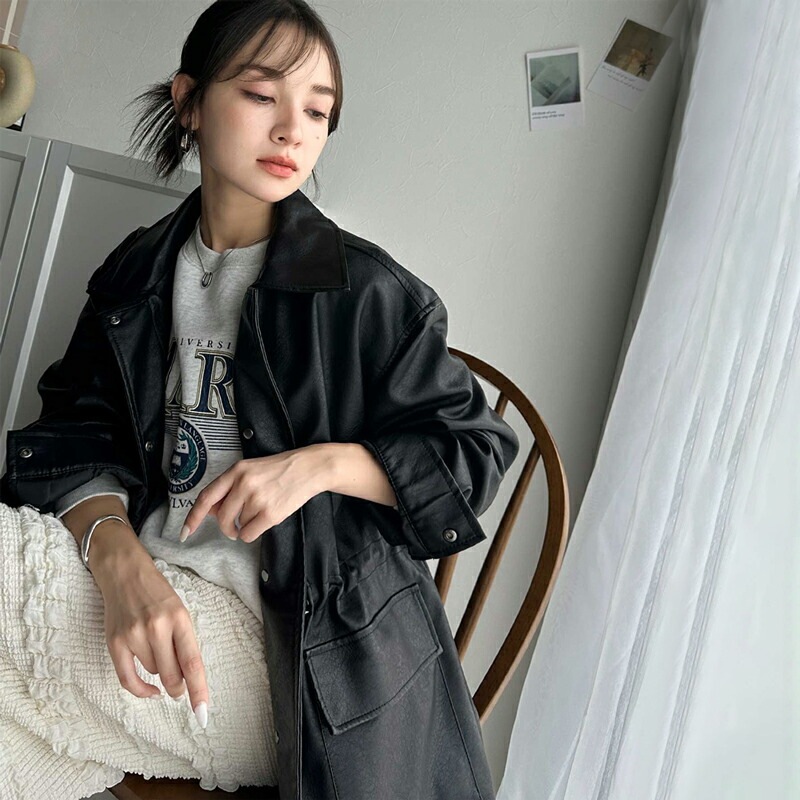 アウター ジャケット レディース ヴィンテージ風 フェイクレザー ウエストドロスト カバーオール JK 男女兼用 ユニセックス メンズ ゆるっと オーバーサイズ 大きいサイズ