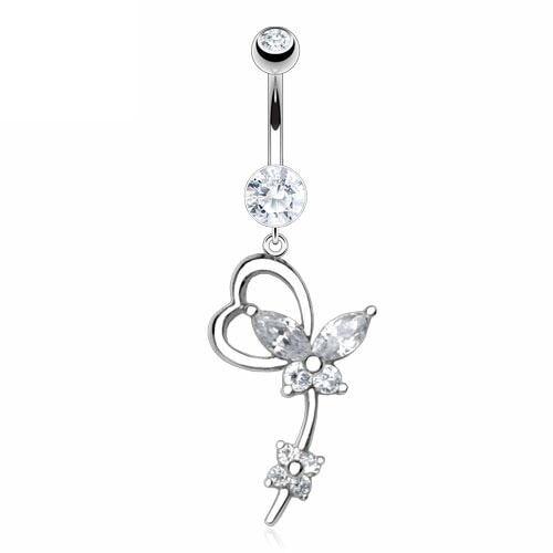 14金ラブバタフライへそピアス ホワイトゴールド 14G 14ゲージ 蝶 ボディピアス 女性 本物