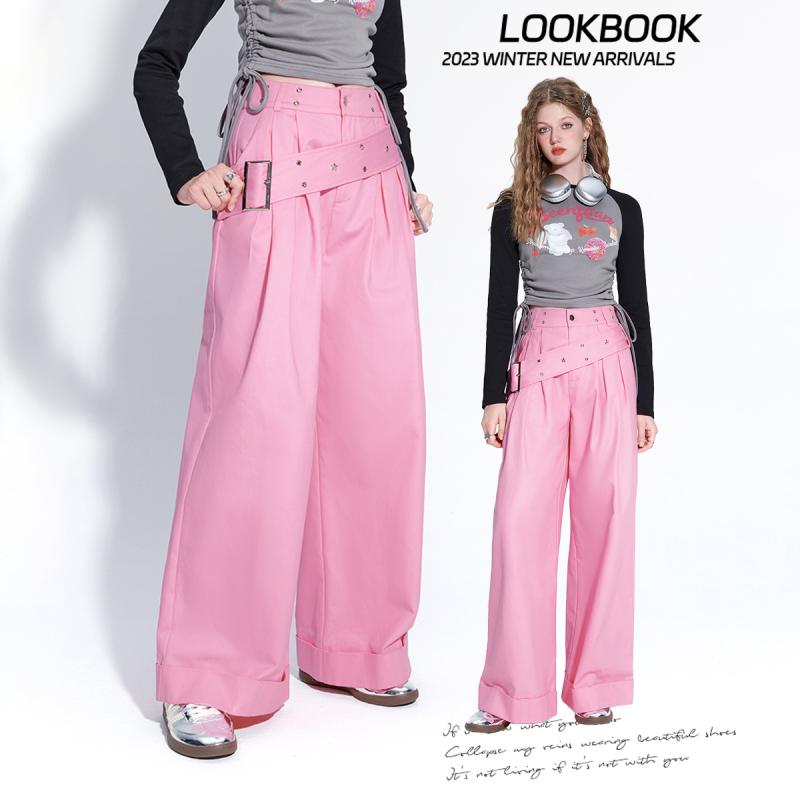 カーゴパンツ レディース カジュアル 秋冬 ストレート ワイドパンツ コットン 韓国 おしゃれ 星 ピンク