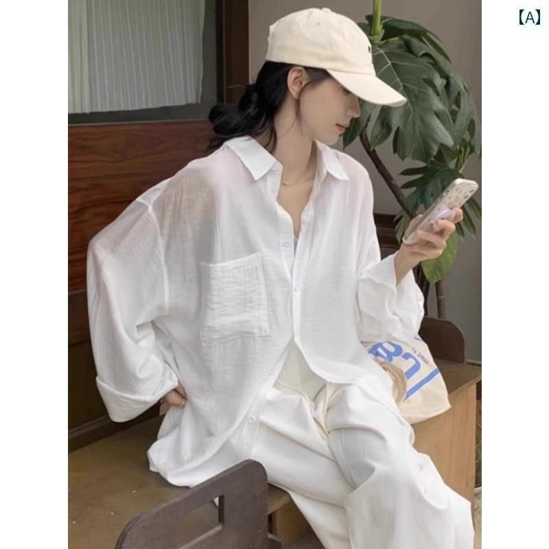 レディース　　シャツ　トップス Rouje tusse コットンと リネンの ホワイト シャツ レディース 春 スタイル カーディガン リネン 日焼け防止 ブラウス