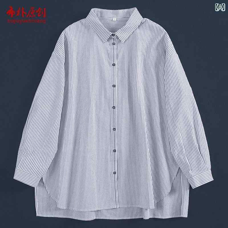 レディース　シャツ　トップス ブ プ イジュ 2025 春 文芸 カジュアル シャツ 黒 米 ストライプ 綿 質感 肌に 優しい 大きい