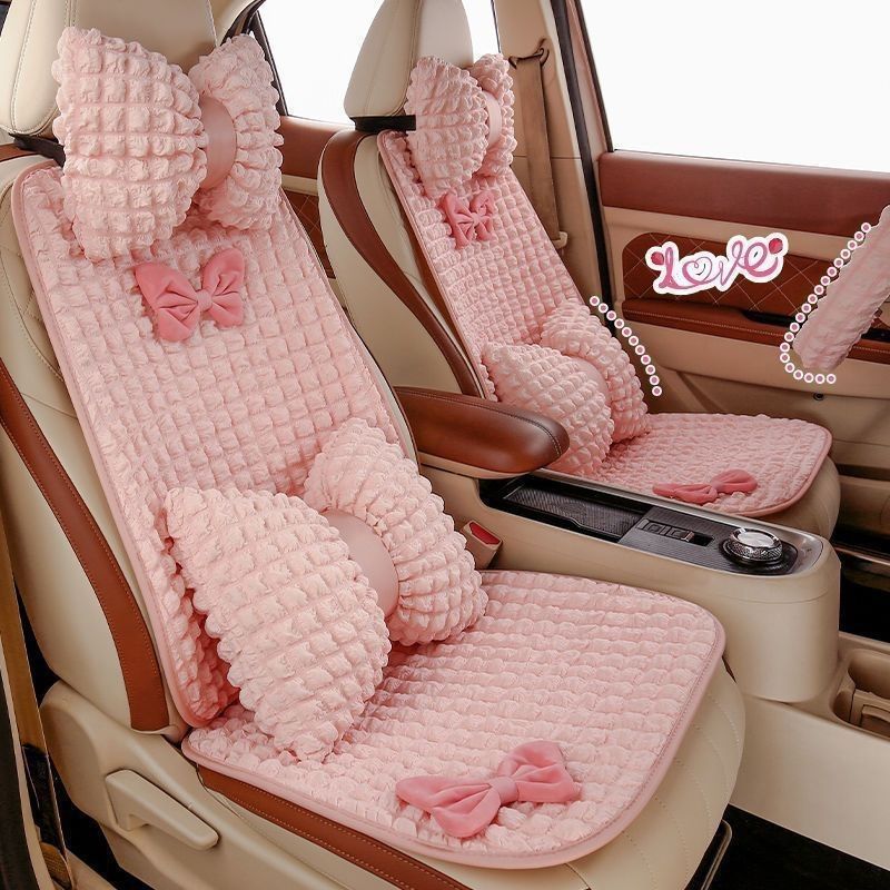 蝶結びのウサギの毛皮の車のシートクッション冬のシートカバー冬の暖かいぬいぐるみ3点セットかわいいシートクッション