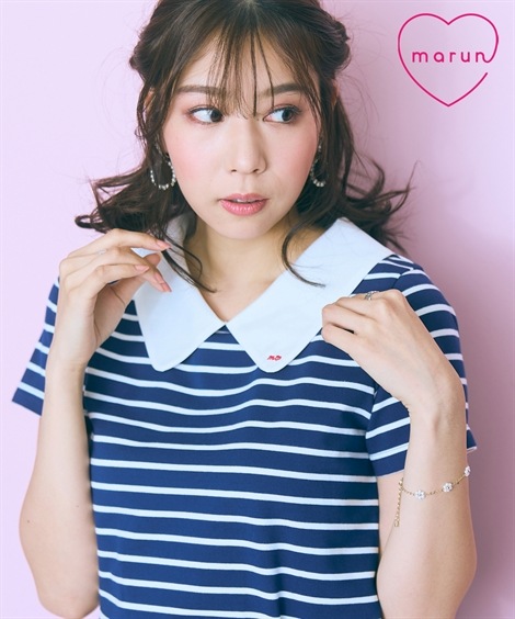 Tシャツ・カットソー 大きいサイズ 衿元刺しゅうシャツボーダートップス marun