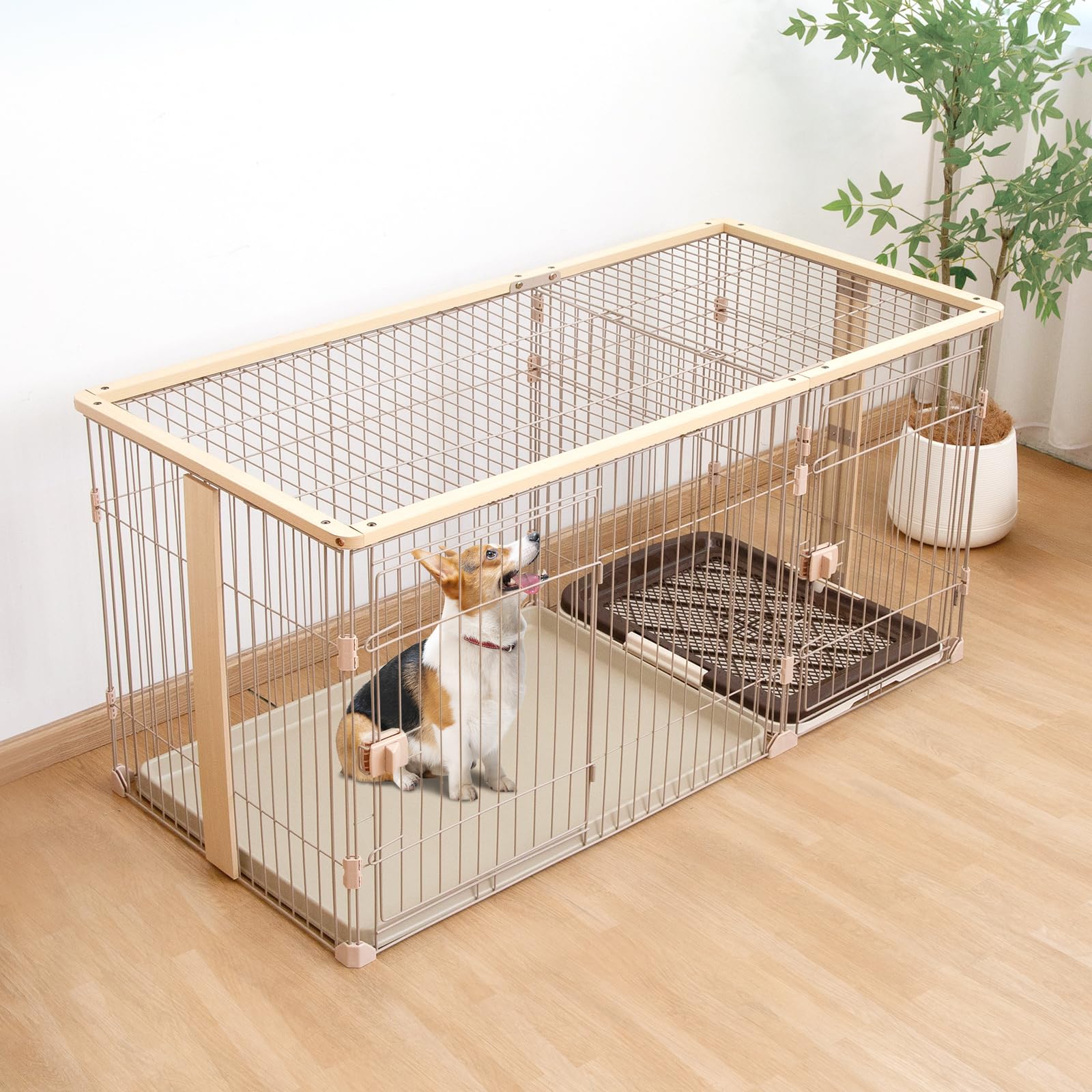 PETTOM ペットサークル 犬用ケージ 犬ゲージ ペットサークル 屋根付きセット ペットゲージ 犬ゲージトイレ別 ケージ ゲージ 室内 屋内 小型犬 中型犬 (ナチュラル, 屋根付き)