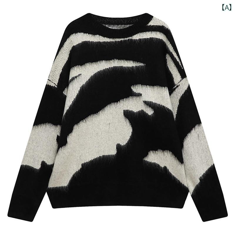 メンズ ファッション 春夏 秋冬 かっこいい オシャレ モテ 男性用 紳士服 服 韓国 シンプル 大人 ストリート アメリカン レトロ スタイル 白の ラウンドネック セーター 黒