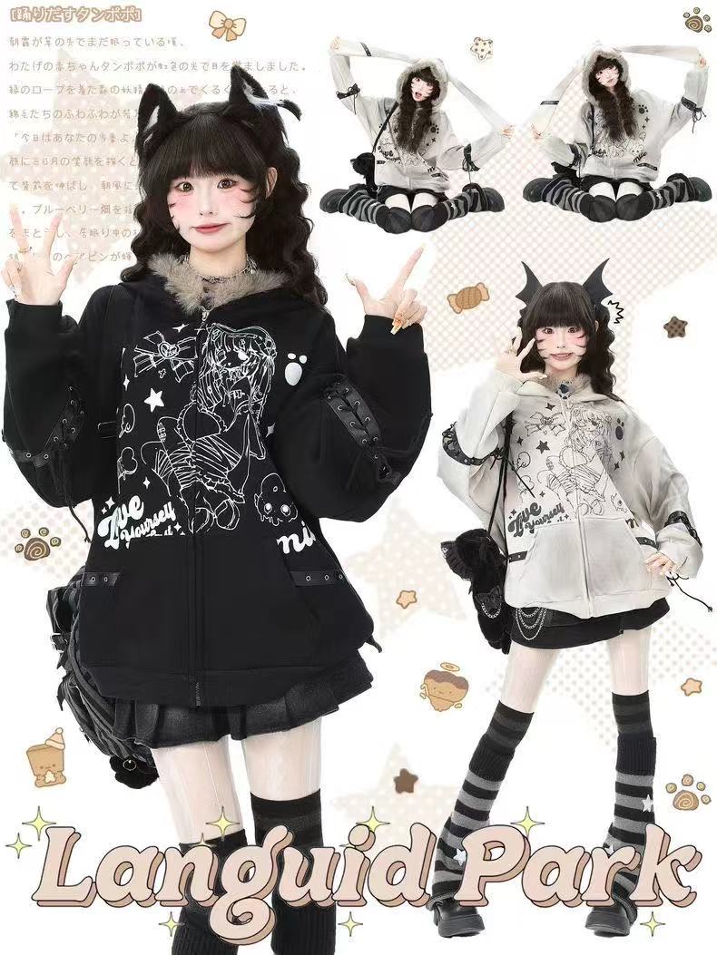 地雷系 うさ耳 パーカー レディース ゆったり ジップアップパーカー 兎耳 かわいい 韓国ファッション 秋 ジッパーパーカー 原宿系 おしゃれ アウター