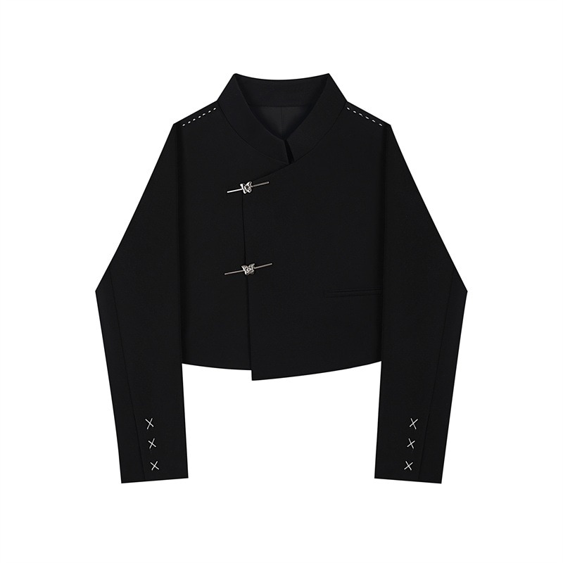 チャイナ風アウター ショート丈 テーラードジャケット 黒色 ブレザー スタンドカラーコート レディ 4,650円