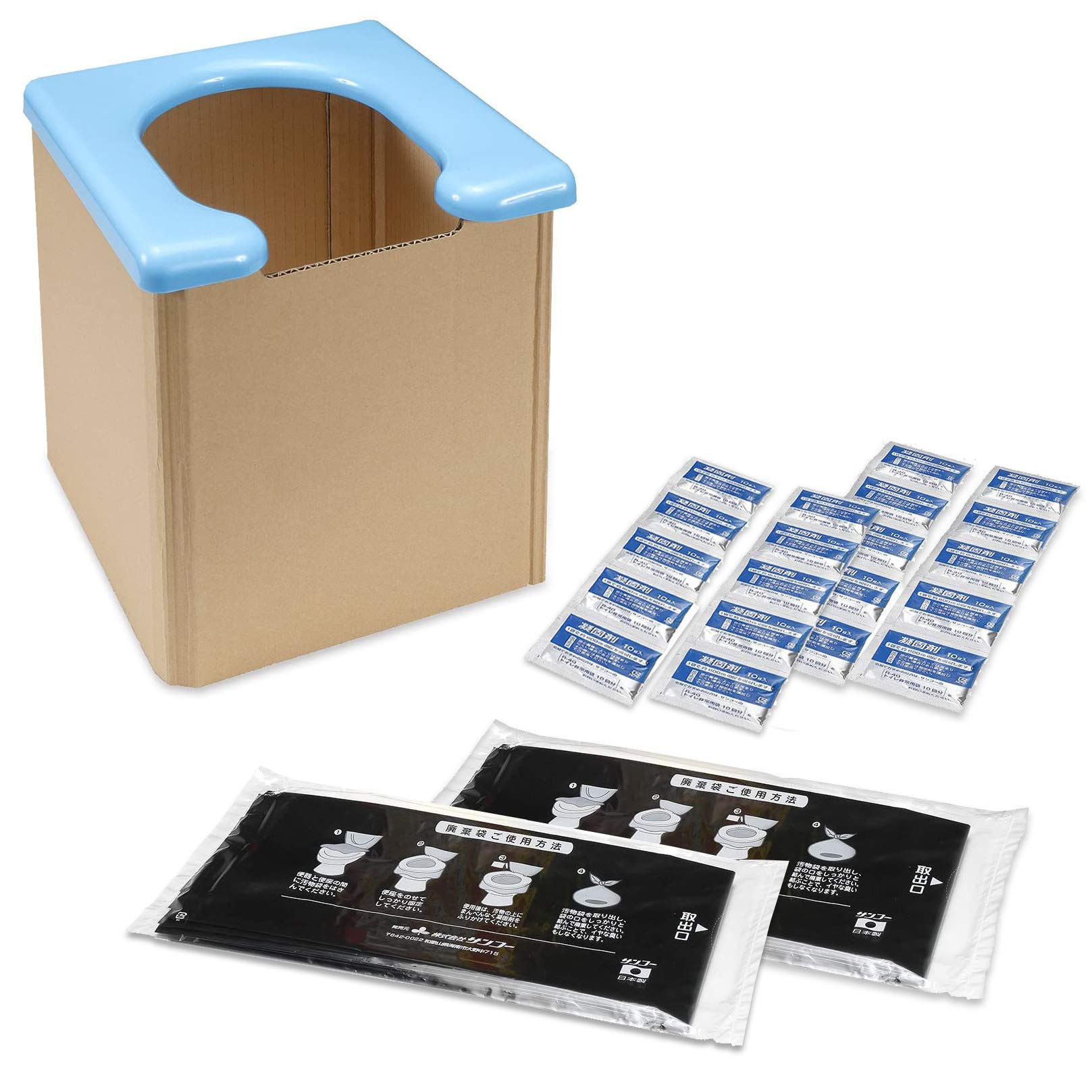 即日発送 サンコー 非常用 災害用 簡易トイレ 旅行 キャンプ 備蓄 携帯 防災 軽量 日本製 本体 取替用【排泄処理袋 凝固剤 20回分付】耐荷重120kg R-63